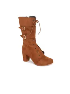 Sole To Soul Women Tan Brown Suede High-Top Block Heeled Boots with Buckles