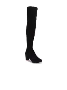 Sole To Soul Women Black Suede High-Top Block Heeled Boots