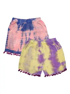 KiddoPanti Girls Pink &Yellow Pom Pom Lace Hem Tie & Dye