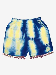 KiddoPanti Girls Yellow & Blue Printed Tie & Dye Shorts
