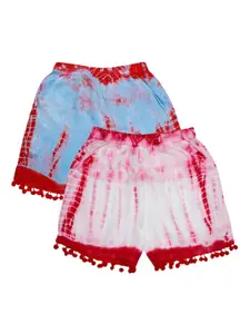 KiddoPanti Girls Pack of 2 Pink & Blue Tie & Dye Dyed Shorts with Pom Pom Lace