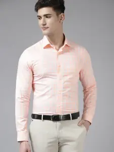 Blackberrys Men Peach-Coloured Pure Cotton India Slim Fit Tattersall Checks Formal Shirt