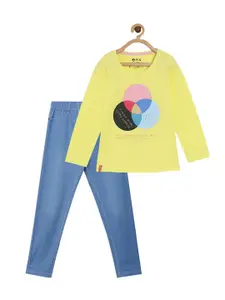 3PIN Girls Yellow & Blue Printed T-shirt with Trouser