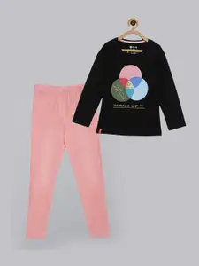 3PIN Girls Black & Pink Printed T-shirt with Trousers
