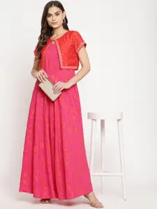 Ahalyaa Women Pink & Red Ethnic Motifs Printed Gotta Patti Anarkali Dress With Jacket
