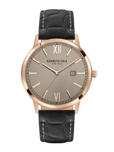 Kenneth Cole Men Silver-Toned Dial & Black Leather Straps Analogue Watch