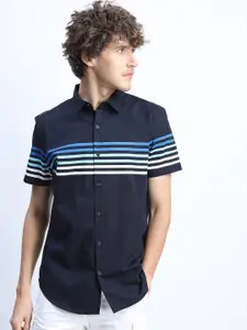HIGHLANDER Men Navy Blue Slim Fit Horizontal Stripes Striped Casual Shirt