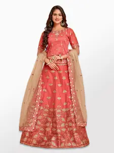 MIMOSA Peach-Coloured & Gold-Toned Semi-Stitched Lehenga & Unstitched Blouse With Dupatta