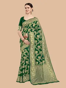 KALINI Green & Gold-Toned Woven Design Silk Blend Banarasi Saree