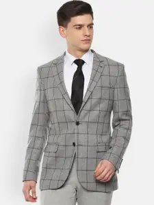 Louis Philippe Men Grey & Black Checked Single-Breasted Woolen Formal Blazer