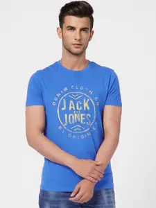 Jack & Jones Men Blue Printed Slim Fit Pure Cotton Casual T-shirt