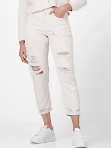 ONLY Women White Boyfriend Fit Highly Distressed Stretchable Jeans