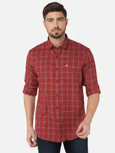 Oxemberg Men Rust & White Classic Slim Fit Checked Cotton Casual Shirt
