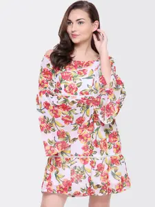Yaadleen White & Red Floral Georgette A-Line Dress