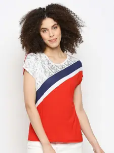 Pepe Jeans Women Red & White Colourblocked Extended Sleeves T-shirt