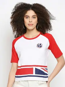 Pepe Jeans Women Off-White & Red Colourblocked Cotton T-shirt