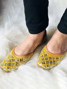 DESI COLOUR Woman Yellow Embellished Mirror Work Ethnic Mojaris