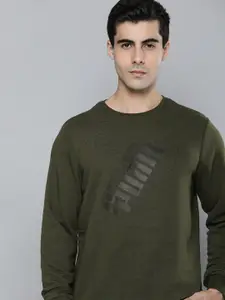 Puma Men Olive Green & Black Power Logo Crew Neck Regular fit Printed Sweatshirt