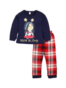 Nottie Planet Girls Red & Navy Blue Printed Night suit