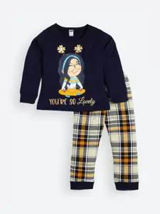 Nottie Planet Girls Navy Blue & Yellow Printed Pure Cotton Night suit