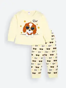 Nottie Planet Girls Yellow & Brown Cotton Printed Night suit