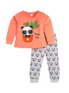 Nottie Planet Girls Peach & Grey Pure Cotton Graphic Printed Long Sleeves Night suit