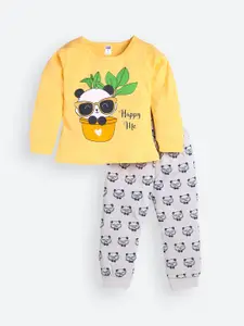 Nottie Planet Girls Yellow & Grey Panda Printed Full Sleeve Night suit