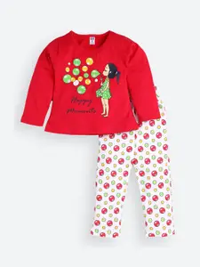 Nottie Planet Girls Red & White Printed Night suit