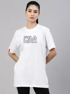 FILA Women White & Black Typography Printed Cotton T-shirt
