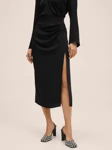 MANGO Women Black Solid Ruched Slit Pencil Midi Skirt