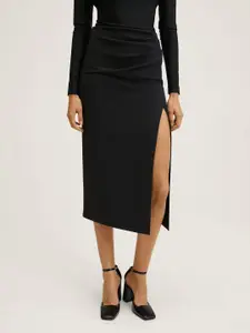 MANGO Women Solid High Slit Midi A-Line Skirt