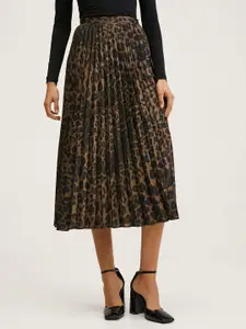MANGO Women Brown & Green Leopard Print Accordion Pleated Skirt