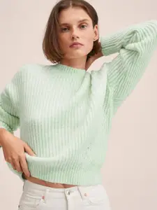 MANGO Women Mint Green Solid Ribbed Pullover