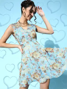 SASSAFRAS Women Stunning Blue Romantic Florals Dress