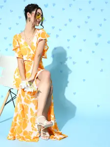 SASSAFRAS Women Stylish Floral Ruffled Wrap Dress