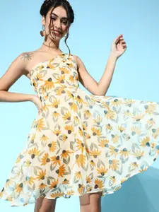 SASSAFRAS Yellow & White Floral One Shoulder Dress