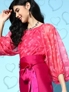 SASSAFRAS Women Pretty Pink Abstract Puff Sleeves Top