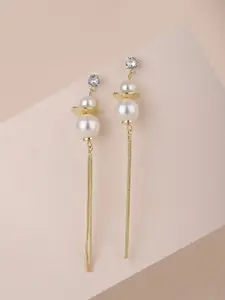 Carlton London Gold-Toned & Off-White Stone Studded & Beaded Contemporary Drop Earrings