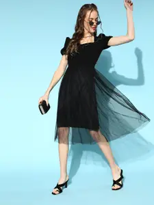 Athena Black Solid A-Line Midi Dress