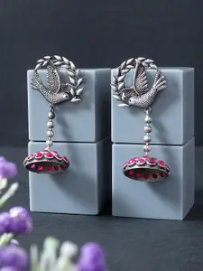 Golden Peacock Oxidised Silver-Toned & Pink Beaded Dome Shaped Jhumkas Earrings