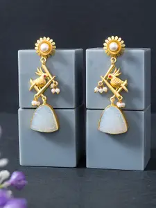 Golden Peacock Gold-Toned & Off White Stone Studded & Beaded Contemporary Drop Earrings