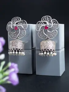 Golden Peacock Silver-Toned & Pink Beaded Floral Dome Shaped Jhumkas Earrings