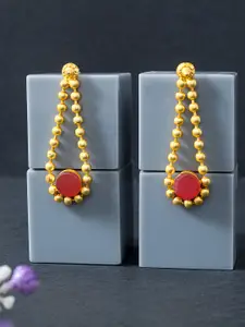 Golden Peacock Gold-Toned & Red Stone Studded & Beaded Contemporary Drop Earrings