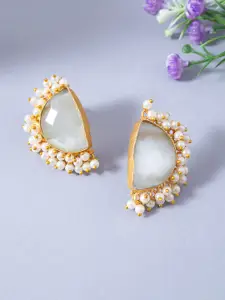 Golden Peacock Gold-Toned & Off White Stone Studded & Beaded Crescent Shaped Drop Earrings