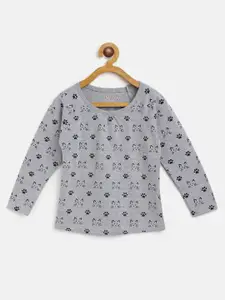 Eteenz Girls Grey Melange & Black Pure Cotton Cat Print Extended Sleeves T-shirt