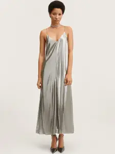 MANGO Women Silver Solid Backless A-Line Maxi Dress