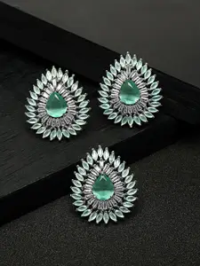 Yellow Chimes Sea Green Rhodium-Plated AD-Studded Geometric Ring With Drop Earrings