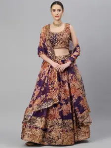 Readiprint Fashions Purple & Peach-Coloured Embellished Sequinned Semi-Stitched Lehenga & Unstitched Blouse