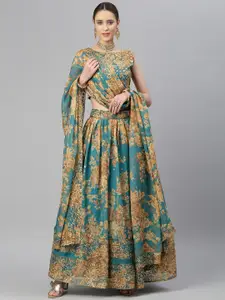 Readiprint Fashions Teal & Peach-Coloured Embellished Sequinned Semi-Stitched Lehenga & Unstitched Blouse