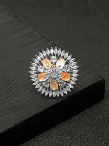 Yellow Chimes Rhodium-Plated Silver-Toned & White AD-Studded Floral Finger Ring